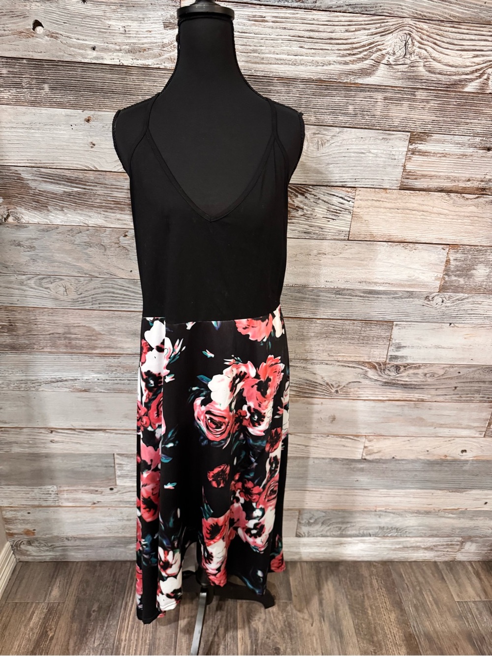 NWOT Black Floral Hi Low Midi Dress with Rose Print and Adjustable Straps